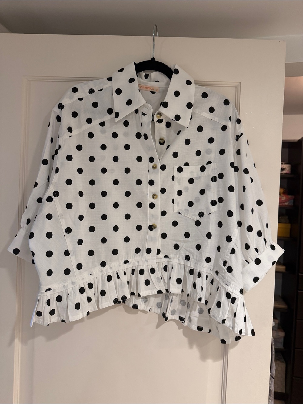 Olivaceous White Button-Front Polka Dot Ruffle Hem Shirt